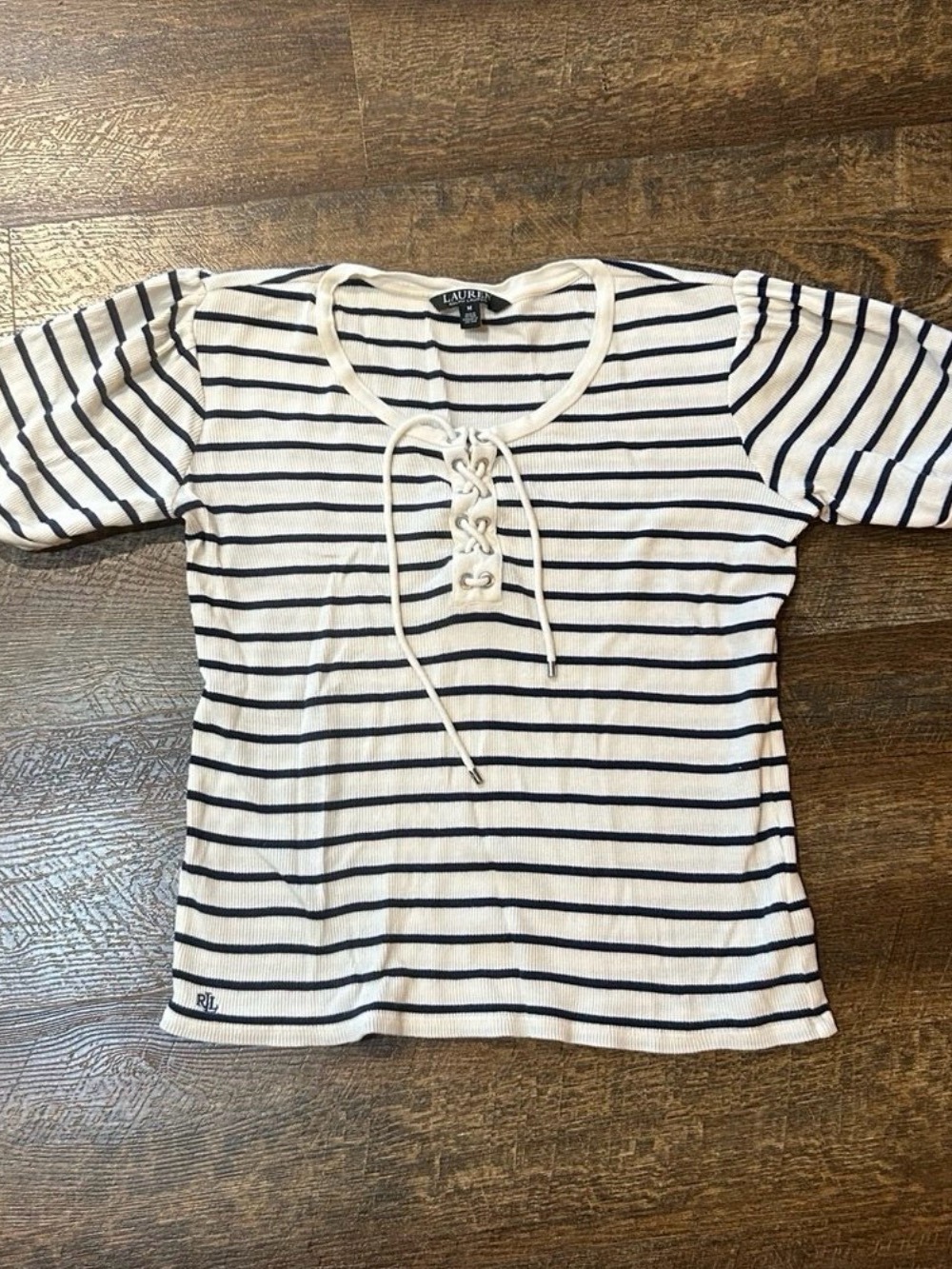 Lauren Ralph Lauren White & Navy Striped Lace-Up Short Sleeve Top